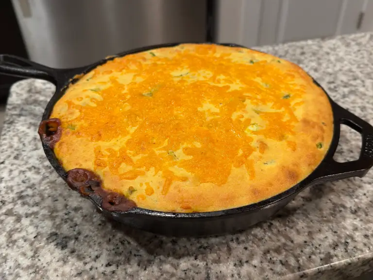 cornbread chili pie in a skillet
