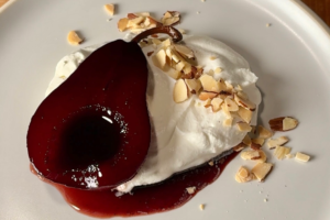 Five Spice Poached Pear with Maple Chantilly